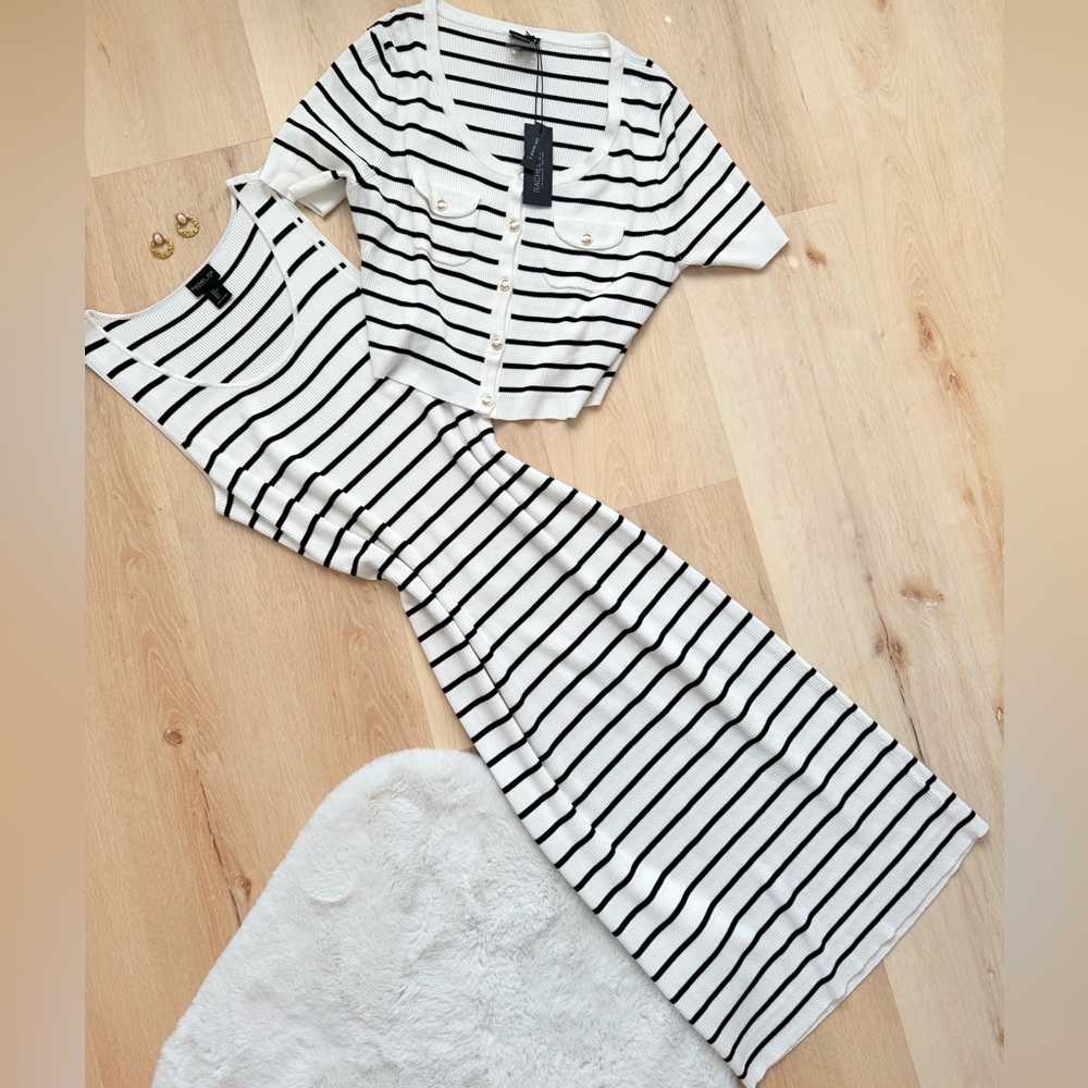 Rachel Zoe Black and White Striped Maxi Dress with Matching Cropped Cardigan